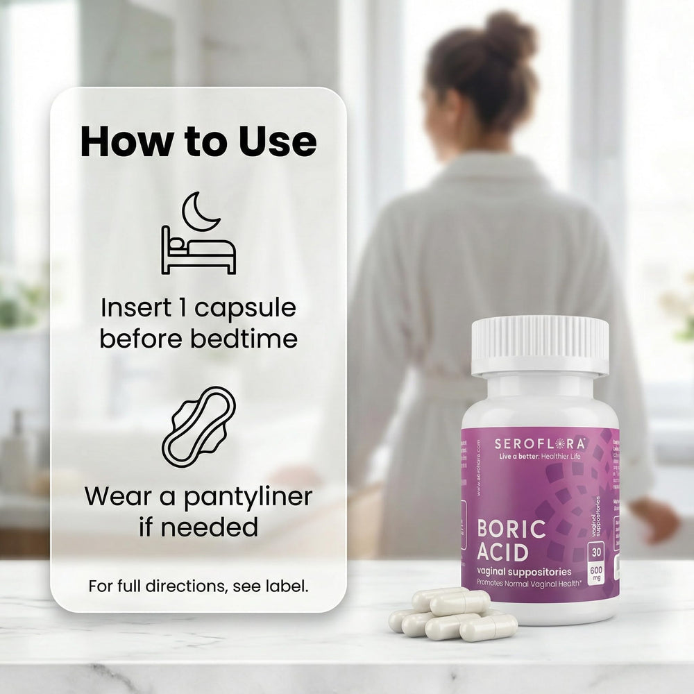 Seroflora boric acid vaginal suppositories fragrance-free formula promotes comfortable daily use.