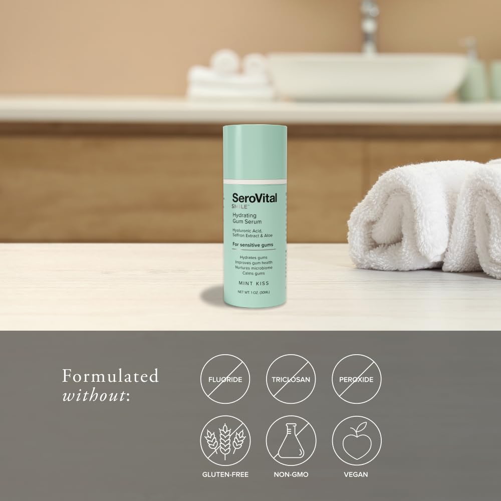 Close-up of Serovital Smile serum texture showing rich hydration for dry gums.