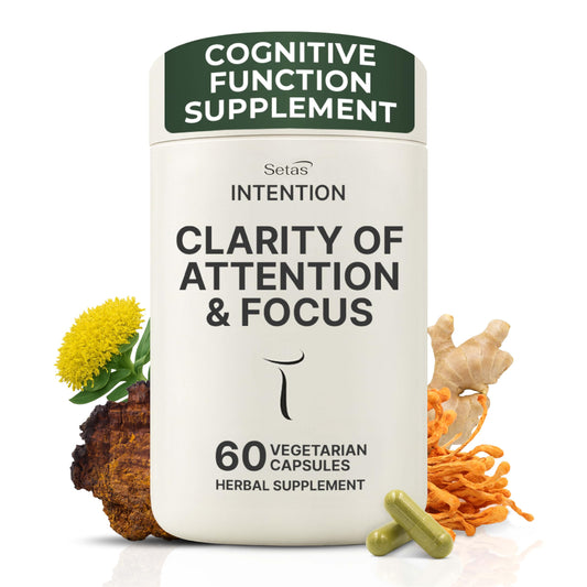 Setas Intention bottle front with vegan capsules designed to support focus.