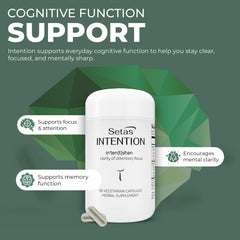 Setas Intention capsules close-up, signaling mental clarity and daily focus support.
