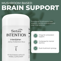 Setas Intention ingredient blend image featuring Chaga, Cordyceps, Rhodiola, and ginger.