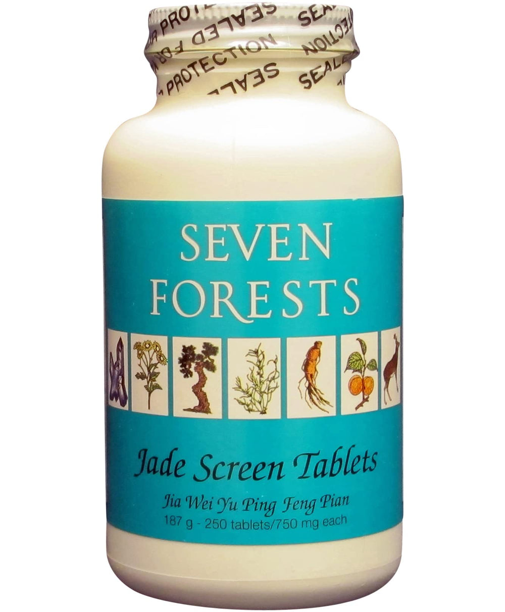 Seven Forests Jade Screen Tablets packshot, sleek bottle labeled for daily wellness support.