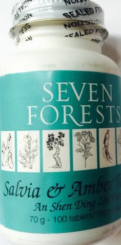 Seven Forests Salvia Amber Tablets bottle close-up supports emotional well-being and calm.