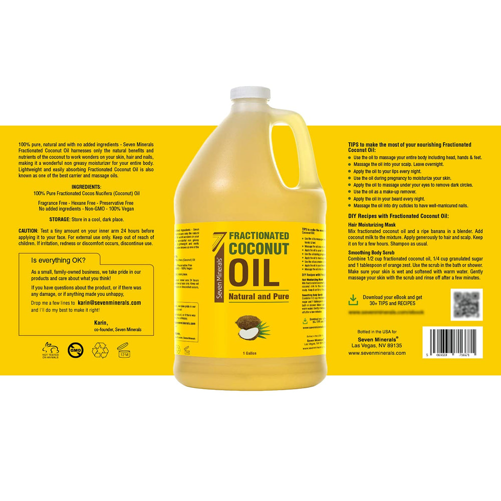 Seven Minerals pure fractionated coconut oil ideal for daily skin application.