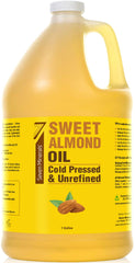 Seven Minerals Sweet Almond Oil bottle pour for skin hydration and gentle hair conditioning.