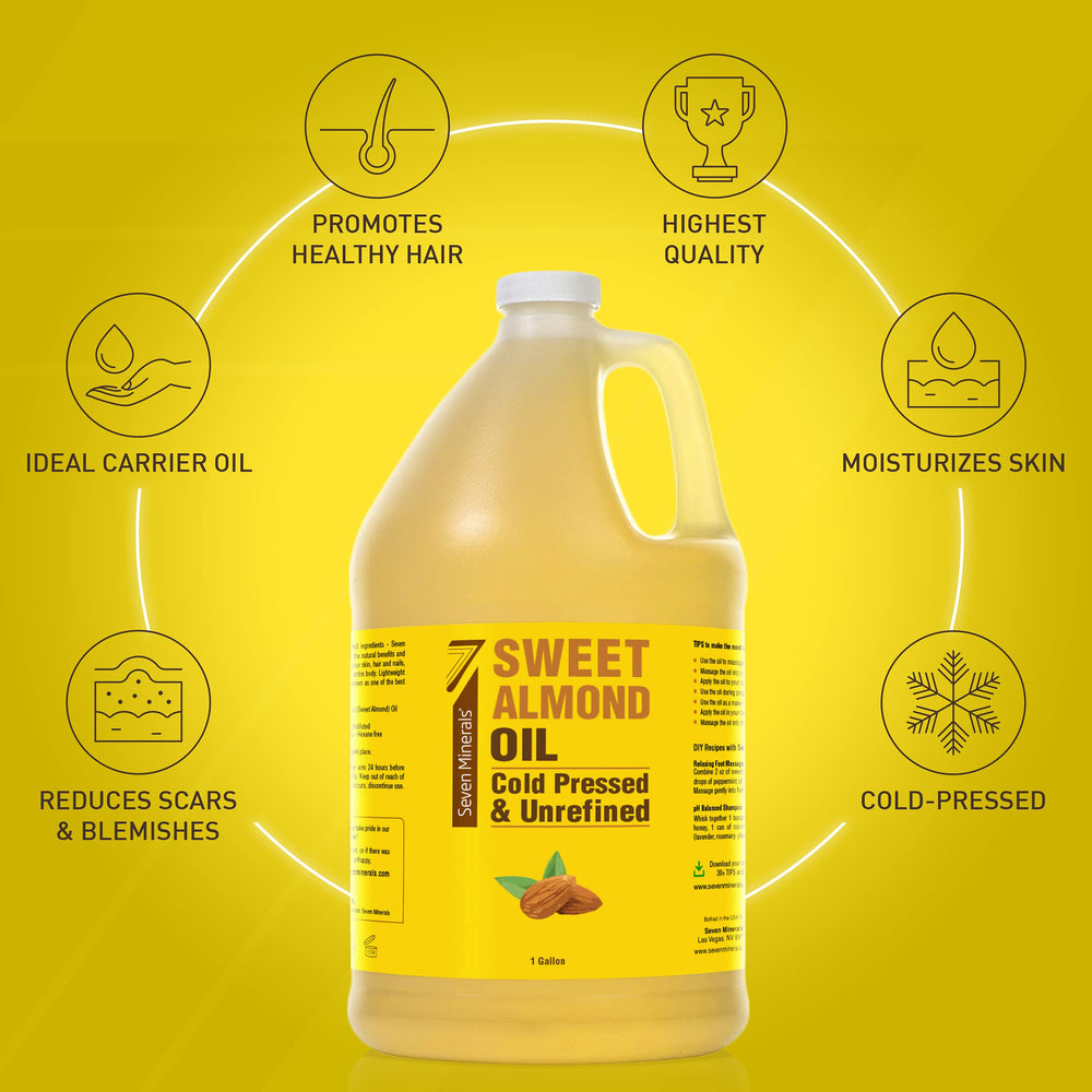 Seven Minerals almond oil label close-up highlighting purity and natural ingredients.