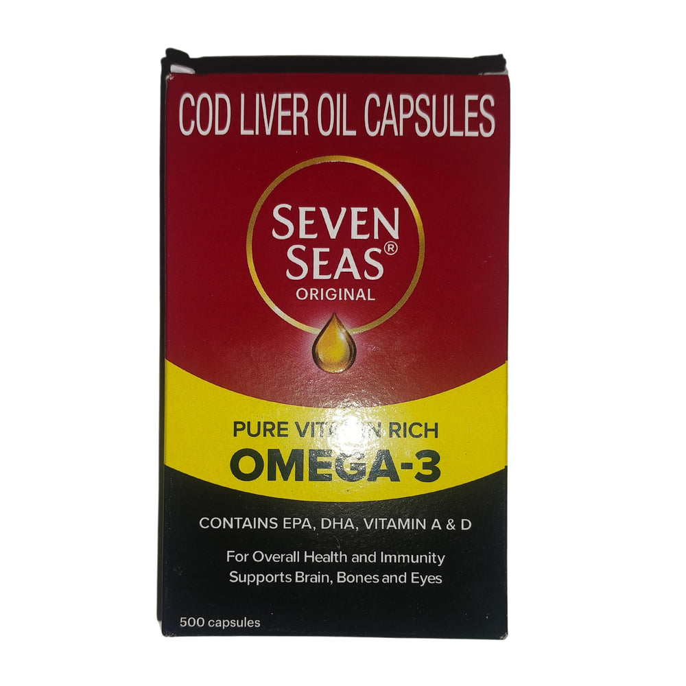 Seven Seas Cod Liver Oil label with ingredients and serving size.