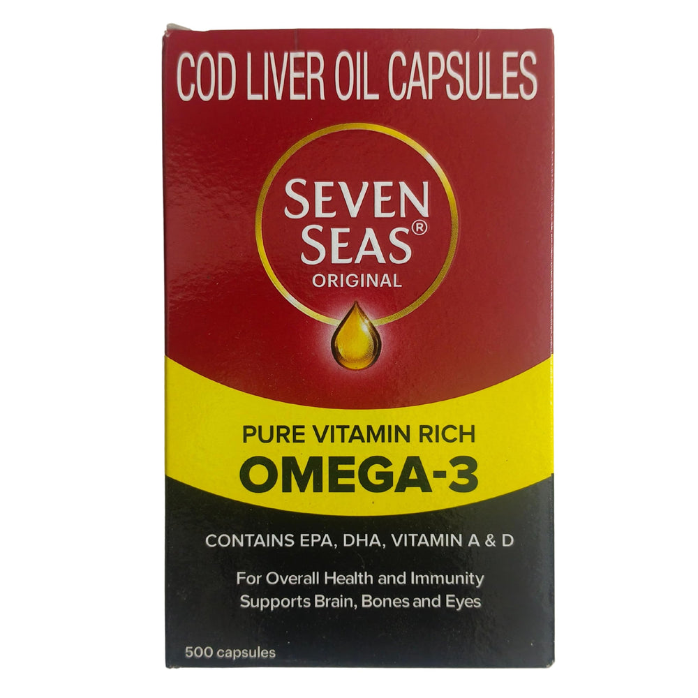 Seven Seas Cod Liver Oil bottle on kitchen counter ready for routine.