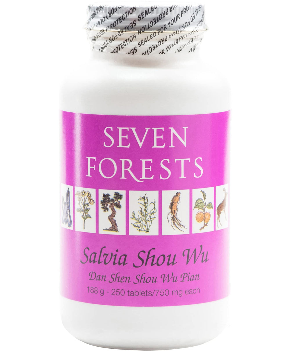 Seven Forests Salvia Shou Wu bottle with 250 tablets for daily supplementation