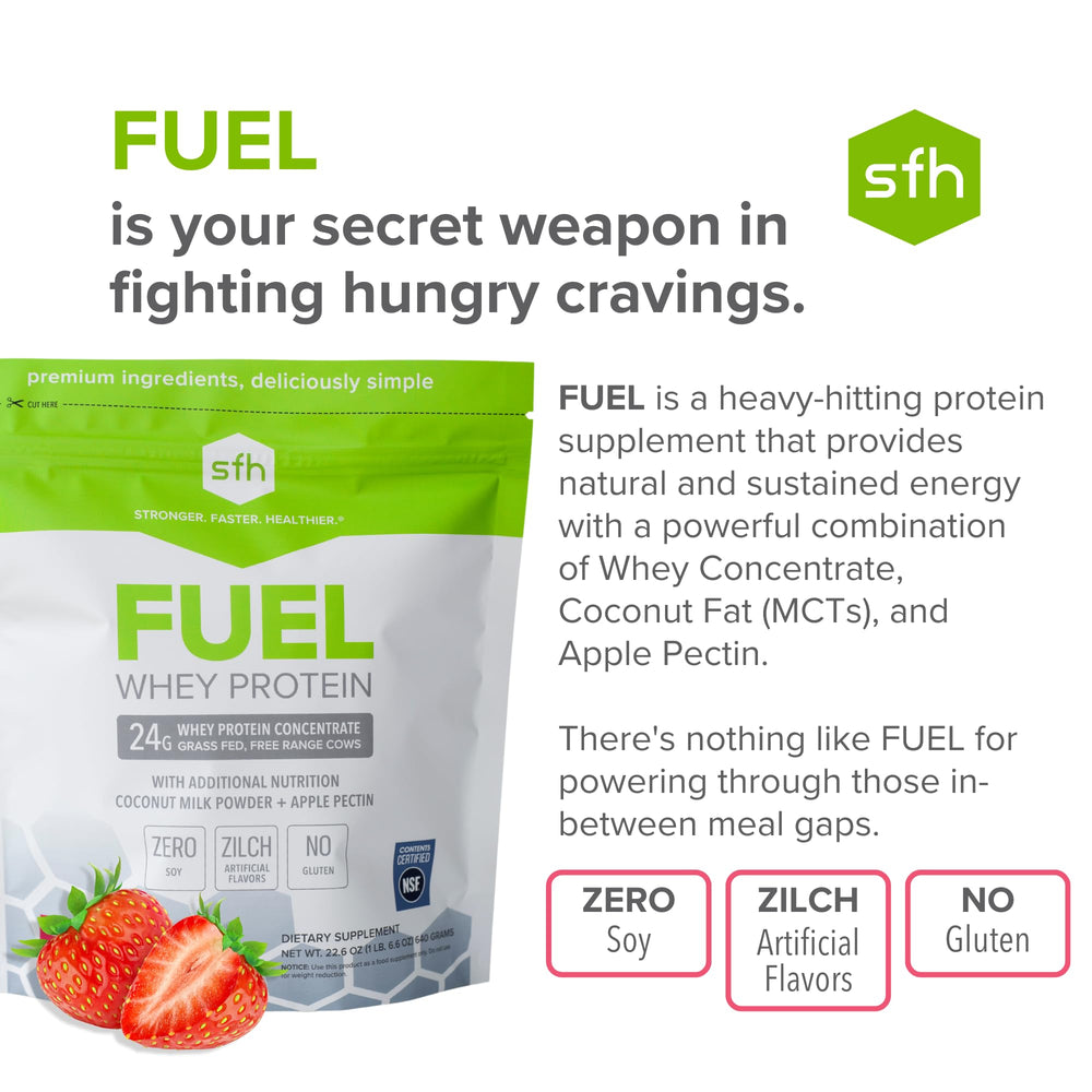 SFH Fuel ingredients label highlighting grass-fed whey and clean nutrition.