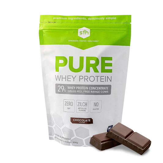 SFH Pure Whey Protein Chocolate canister close-up highlighting clean ingredients