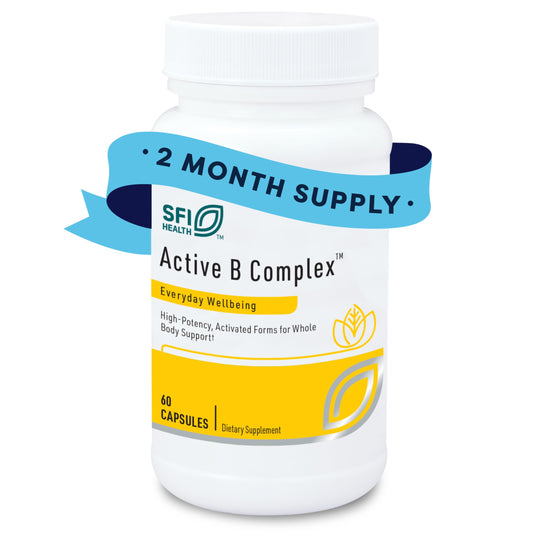 SFI Health Active B Complex bottle front shows high-potency vitamins for energy support