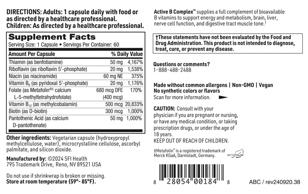 SFI Health Active B Complex vegan hypoallergenic badge signals allergen-free ingredients