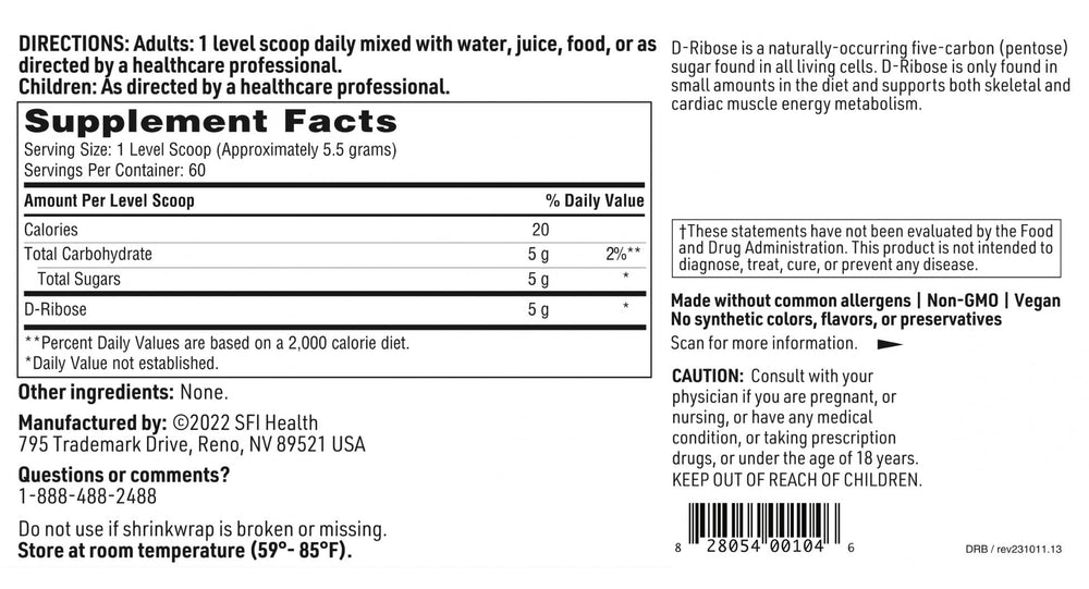 Close-up of SFI Health D-Ribose powder label highlighting allergen-free ingredients.