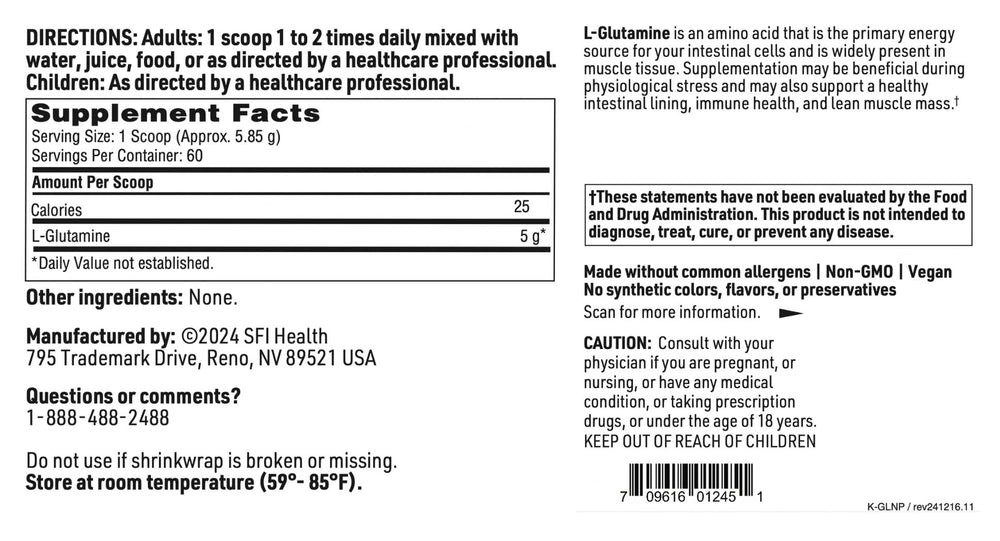 Free-form L-glutamine powder in a glass with scoop.