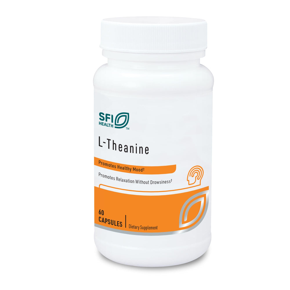 SFI Health Klaire Labs L-Theanine bottle pouring promotes relaxation.