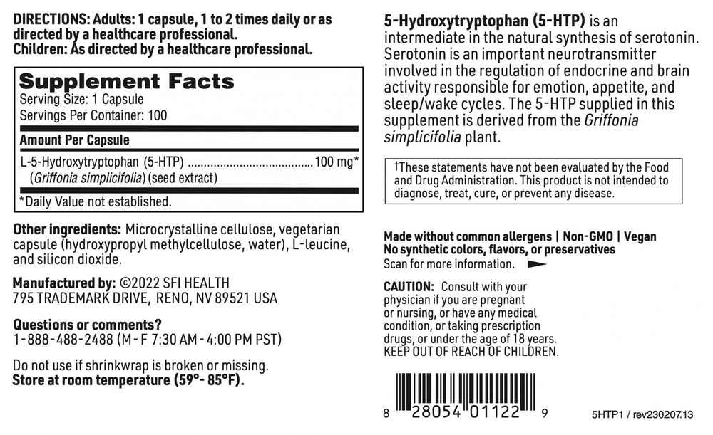 SFI Health Klaire Labs 5-HTP hypoallergenic seal signals allergen-free assurance.