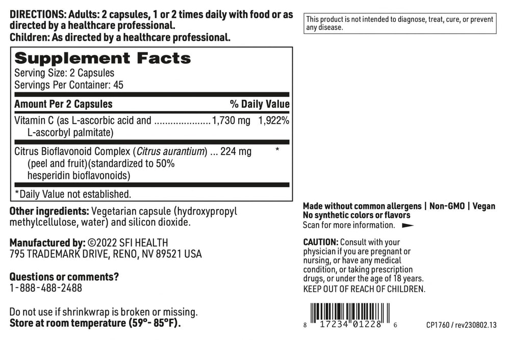 SFI Health Klaire Labs C Plus ingredient panel close-up with ascorbic acid and palmitate forms.