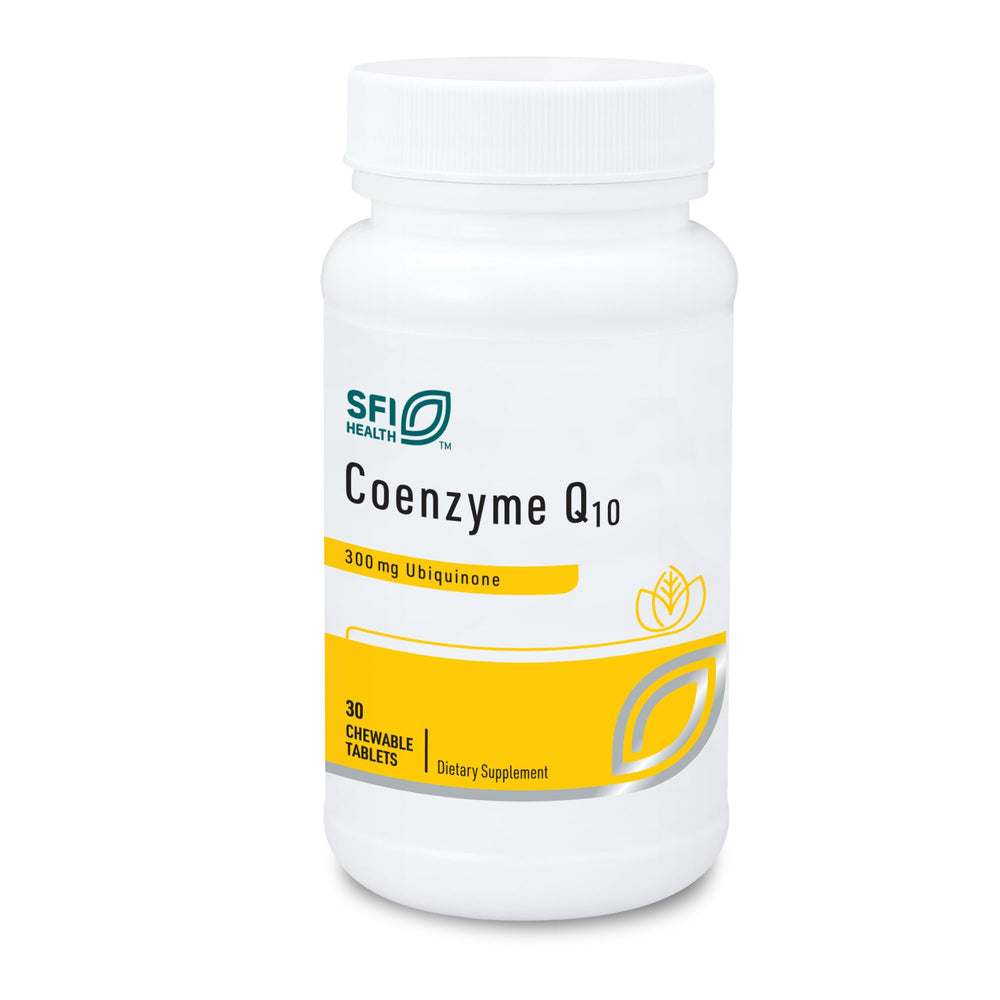 SFI Health Klaire Labs CoQ10 chewable tablet on packaging for daily use.