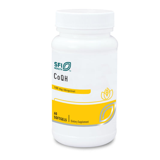 SFI Health Klaire Labs CoQH bottle label spotlight highlighting ubiquinol content.