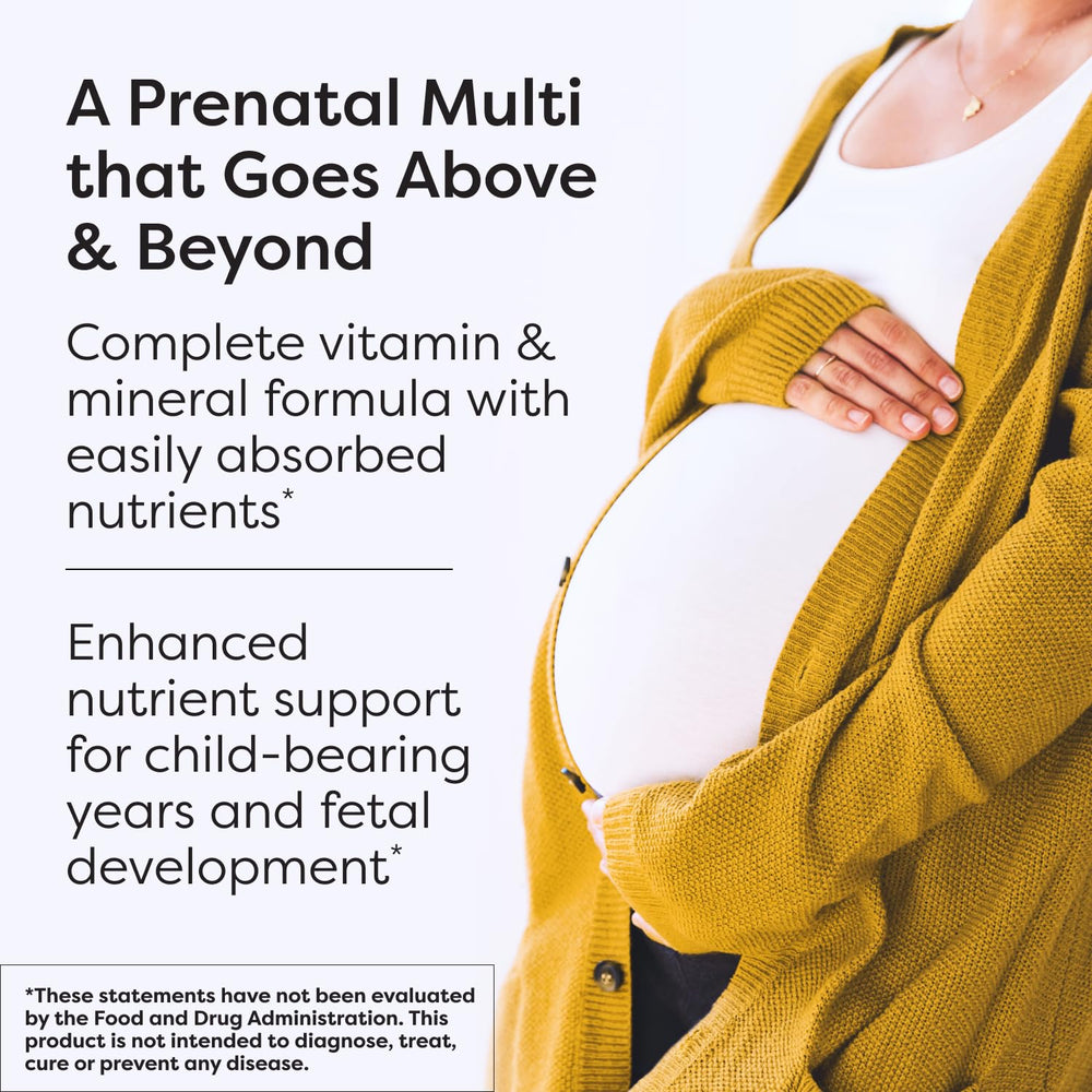 Iron label on Klaire Labs Prenatal bottle notes Ferrochel chelated iron for gentler digestion.