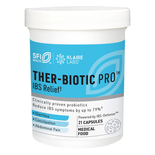 SFI Health Klaire Labs Ther-Biotic Pro IBS Relief bottle on a table for digestive support.