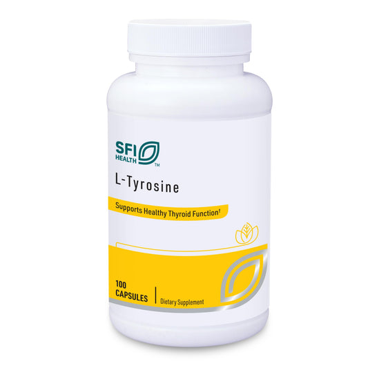 SFI Health L-Tyrosine 500 mg bottle and capsules ready for daily use to support focus.