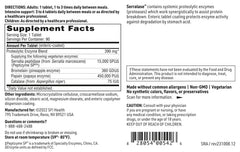Serralase ingredients include bromelain and papain to broaden proteolytic action.