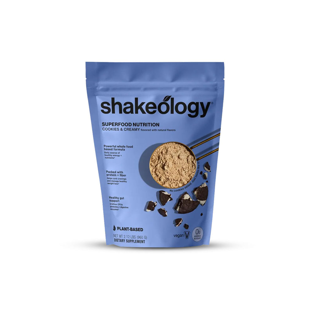 Shakeology cookies creamy front label highlighting gluten-free protein for meal replacement.