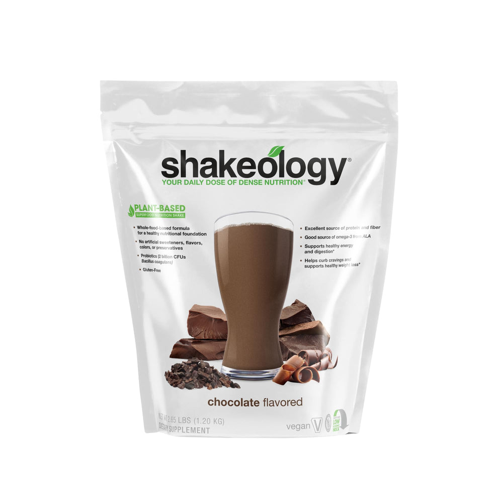 Shakeology Chocolate protein powder bag showcasing 16g protein per serving for balanced nutrition