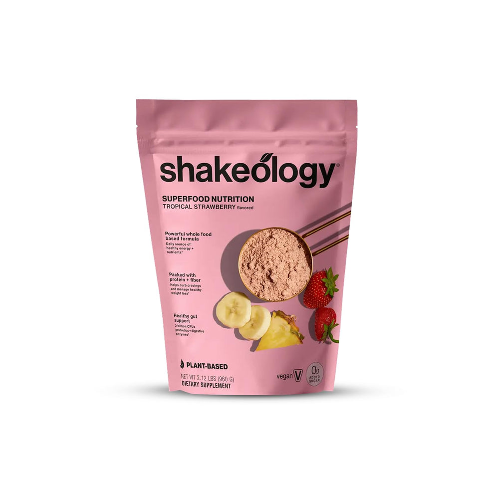 Shakeology tropical strawberry tub front view highlighting 0g added sugar