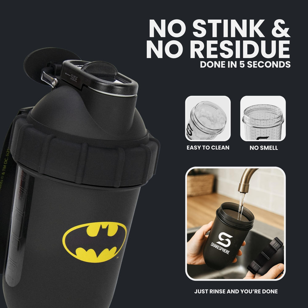Detachable cape and bat emblem clip included with Shakesphere shaker.
