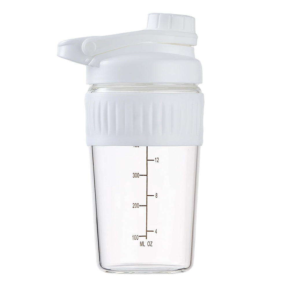 ShakeXpert 16oz glass shaker bottle with wide mouth for easy powder addition.
