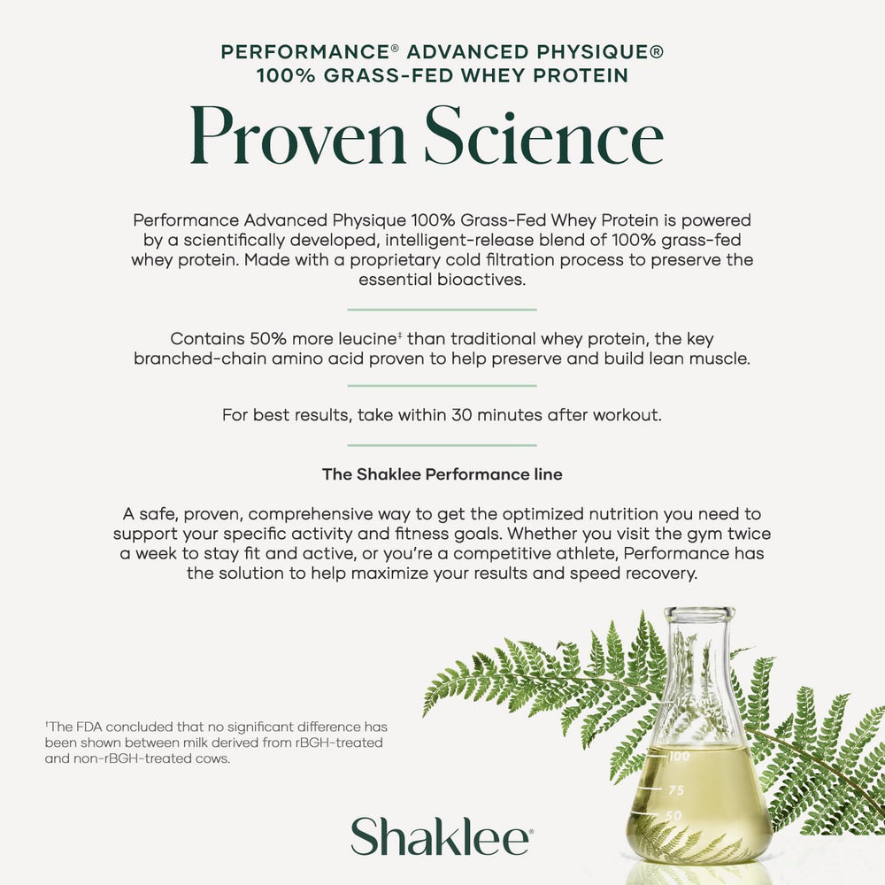Shaklee Advanced Physique nutrition panel reveals calories and protein per serving.