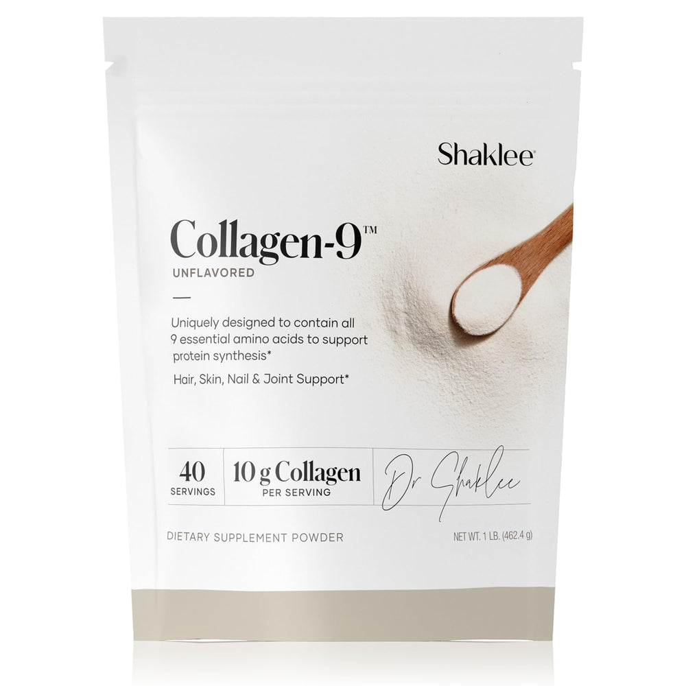 Shaklee Collagen-9 40 servings bottle supports daily wellness routine.