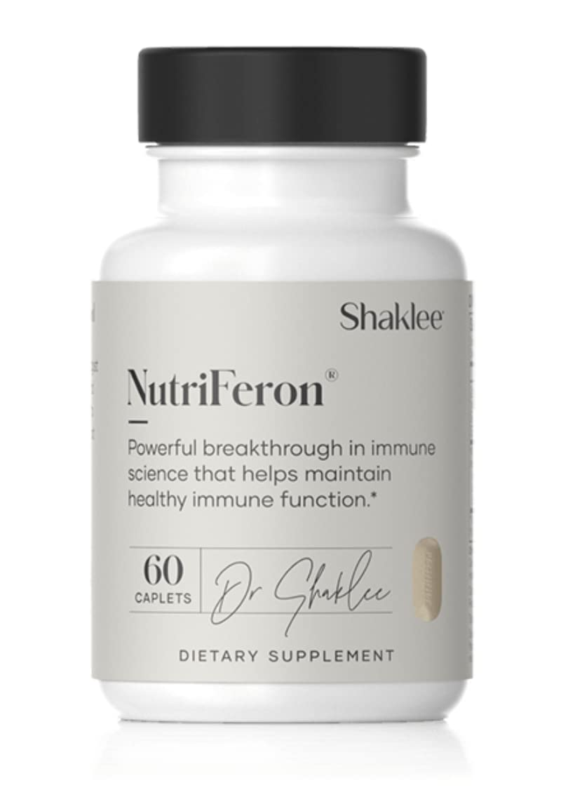 Shaklee NutriFeron bottle close-up showing clean labeling and immune-supporting formulation.