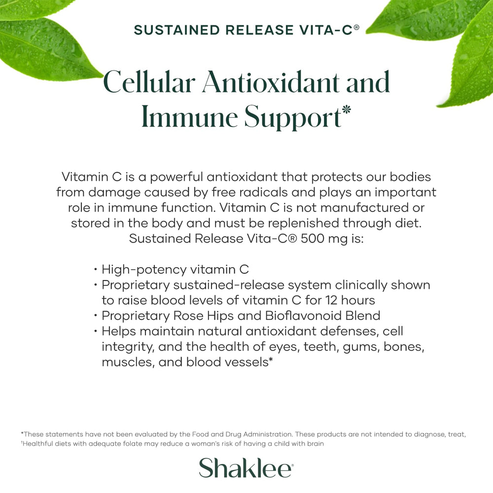 Shaklee Vita-C packaging highlighting skin, eyes, gums, and bones benefits.