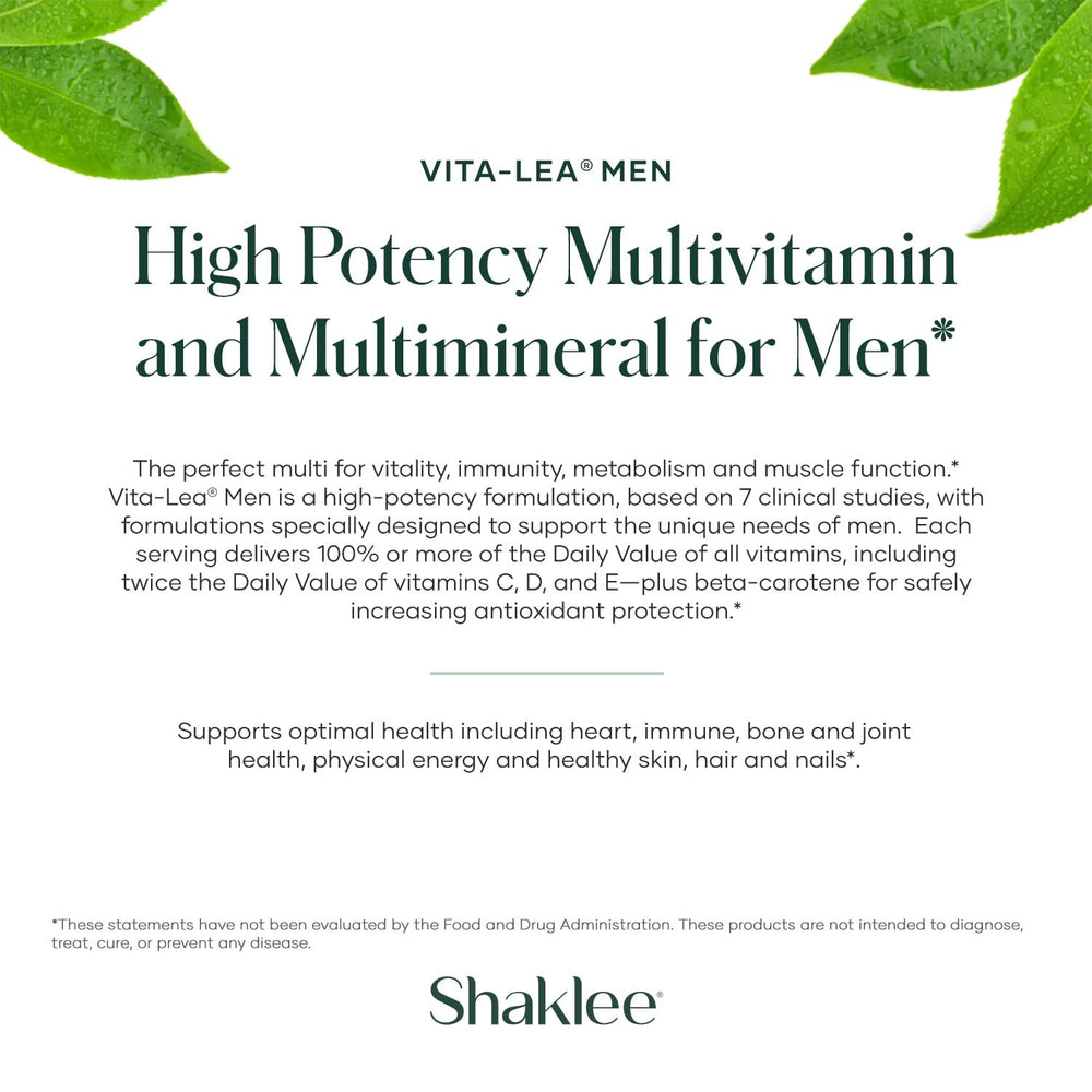 Shaklee Vita-Lea Men bottle with glass illustrating daily wellness routine