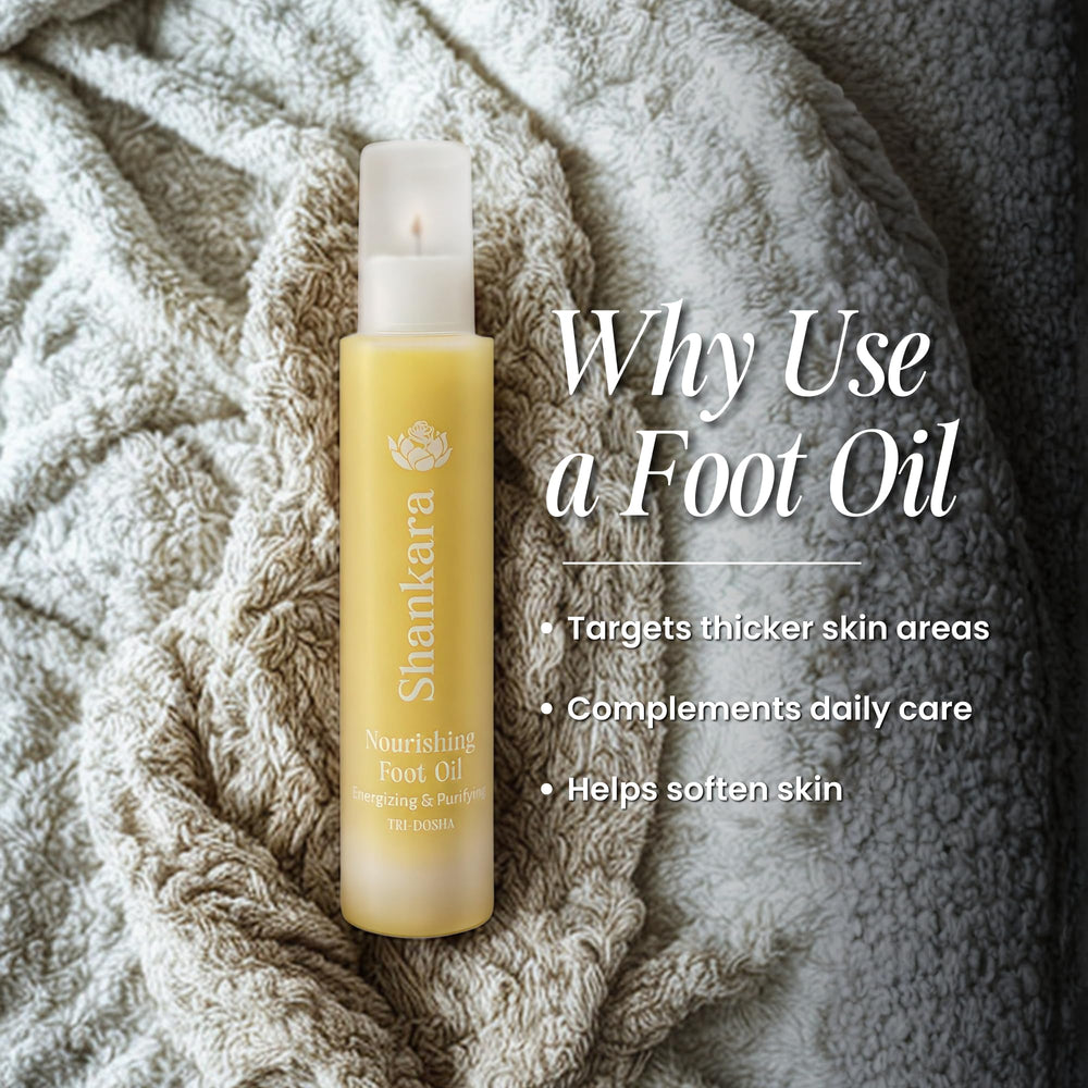 Shankara Nourishing Foot Oil on bathroom shelf highlighting vegan cruelty-free formula.