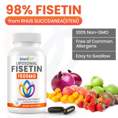 Sharoaid 1500mg Fisetin bottle on kitchen shelf easy daily wellness.