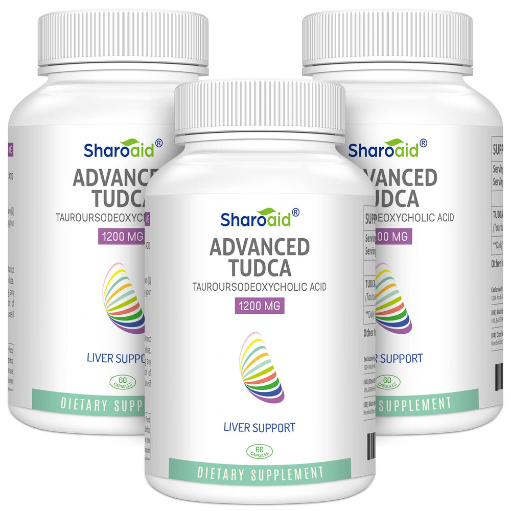 Sharoaid Tudca bottle front with 180 vegan capsules for liver support
