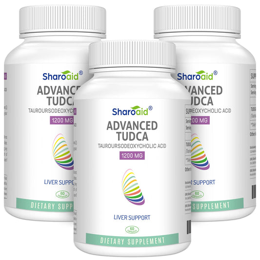 Sharoaid Tudca bottle front with 180 vegan capsules for liver support