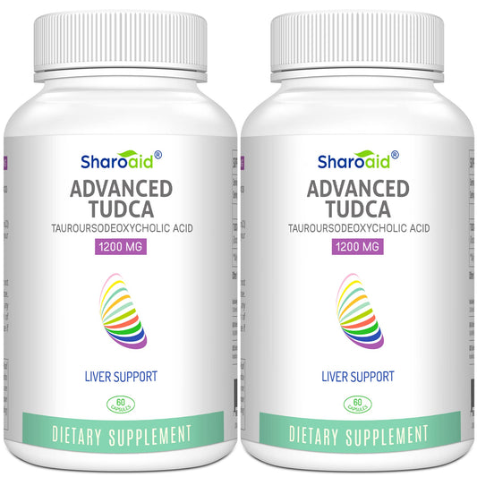 Sharoaid TUDCA liver support bottle front showing high-strength 1200 mg formula.