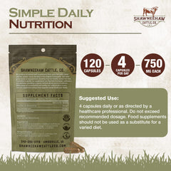 Shawneehaw Cattle freeze-dried liver bottle showing capsules for convenient energy and recovery.