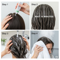 Hands applying Shea Ivermectin Lice Treatment to the scalp.