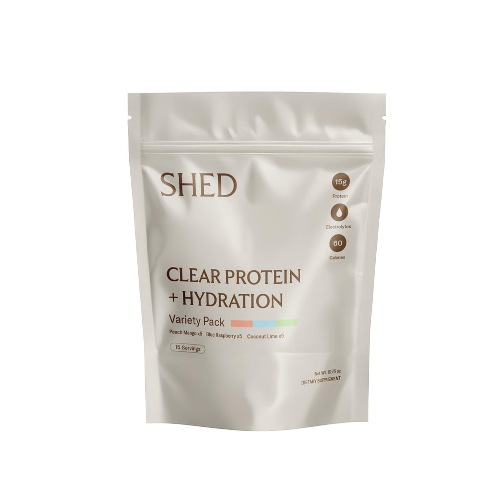 Shed Nutrition Clear Protein Bottle Pour showcases fast-absorbing whey protein.