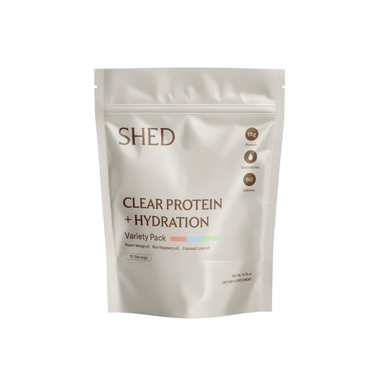 Shed Nutrition Clear Protein Bottle Pour showcases fast-absorbing whey protein.