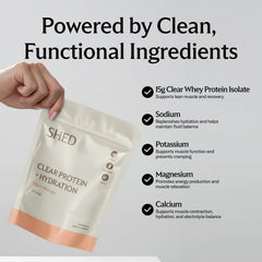 Packaging of Shed Clear Protein showing lactose-free, low-calorie formula for active lifestyles