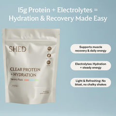 Shed Nutrition Clear Protein Mix Glass highlights a refreshing, hydration-friendly protein drink.