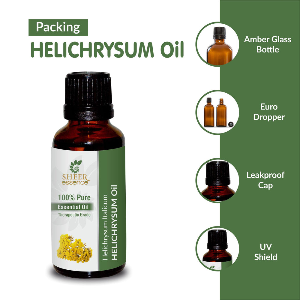 Amber glass bottle of Sheer Essence Helichrysum essential oil showing premium purity.